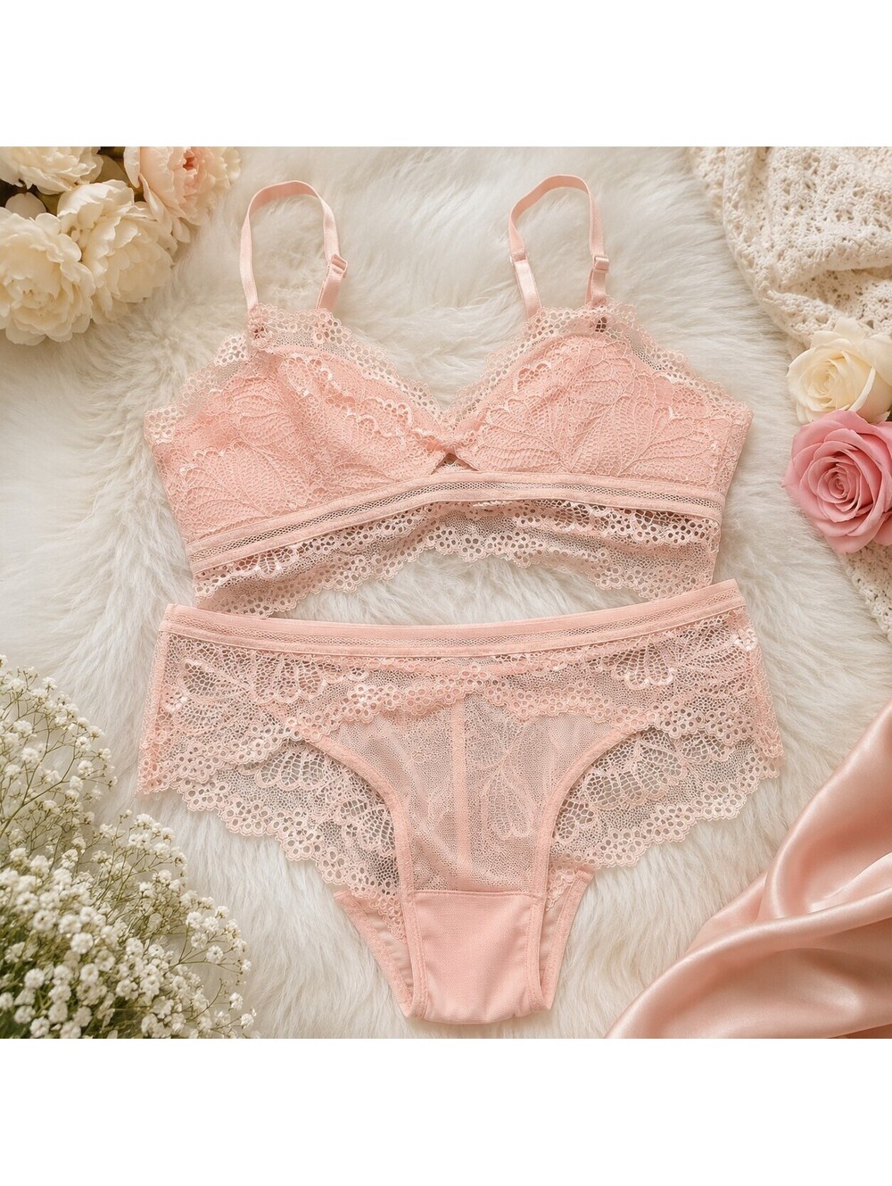 Women's Blush Pink Floral Lace Bralette & Panty Lingerie Set Size M Sheer...